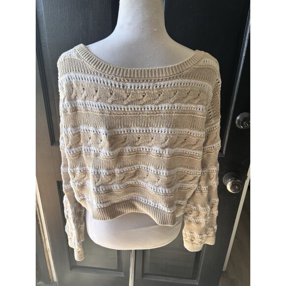 Hollister Cotton Preppy Stripe Pointelle Off Shoulder Crop Cozy Relaxed Sweater - Picture 5 of 9